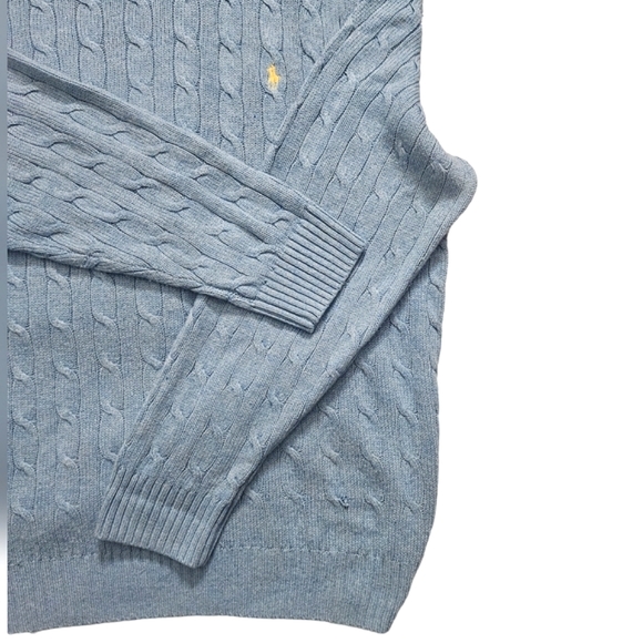 Polo | 100% Silk Tussah | Logo Embroidered Cable-Knit Sweater | Men's | Blue - Picture 6 of 9